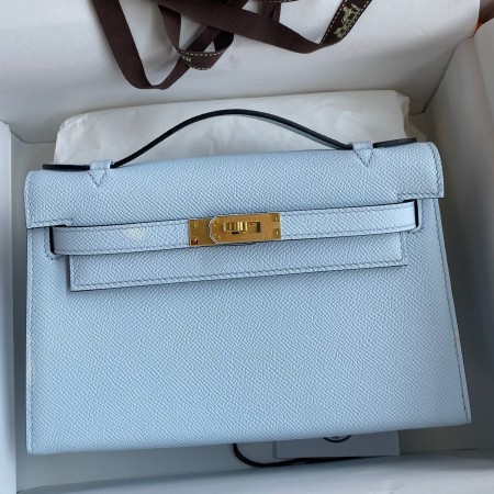 Hermes Kelly Pochette Handmade Bag In Blue Brume Epsom Calfskin