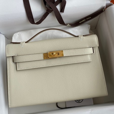 Hermes Kelly Pochette Handmade Bag In Craie Epsom Calfskin