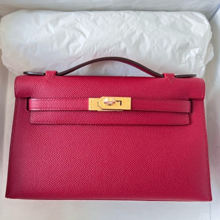 Hermes Kelly Pochette Handmade Bag In Rouge Grenat Epsom Calfskin 