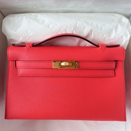 Hermes Kelly Pochette Handmade Bag In Rose Texas Epsom Calfskin 