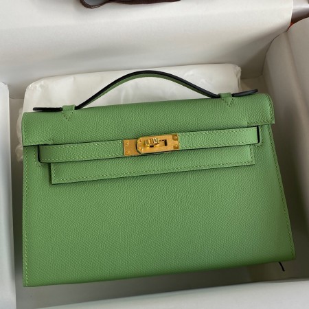 Hermes Kelly Pochette Handmade Bag In Vert Cypres Epsom Calfskin