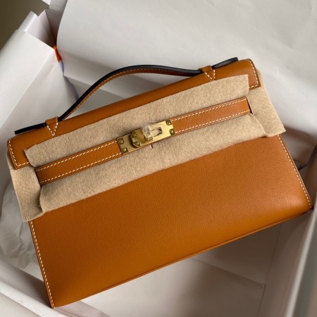 Hermes Kelly Pochette Handmade Bag In Gold Swift Calfskin