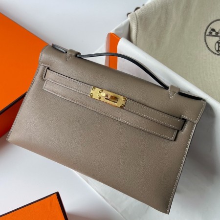 Hermes Kelly Pochette Handmade Bag In Taupe Swift Calfskin