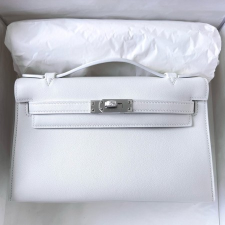 Hermes Kelly Pochette Handmade Bag In White Swift Calfskin 