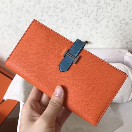 Hermes Bi-Color Epsom Bearn Wallet Orange/Blue Jean