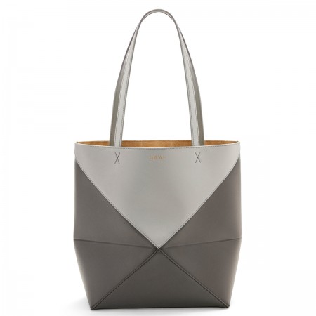  Loewe Medium Puzzle Fold Tote Bag in Grey/Dark Green Calfskin