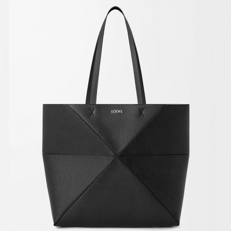 Loewe Medium Horizontal Puzzle Fold Tote Bag in Black Grained Leather