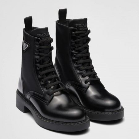 Prada Ankle Boots in Black Brushed Leather and Re-Nylon