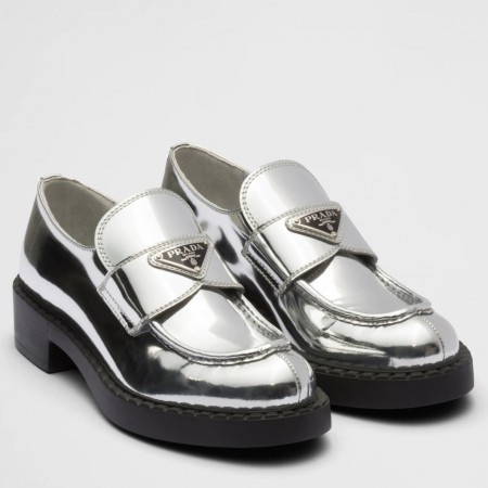 Prada Women's Loafers In Silver Metallic Leather