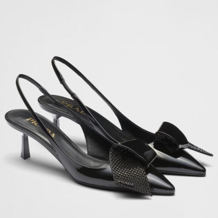 Prada Slingback Pumps 55mm in Black Patent with Crystals Ornament 