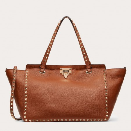 Valentino Medium Rockstud Tote Bag In Brown Grainy Calfskin