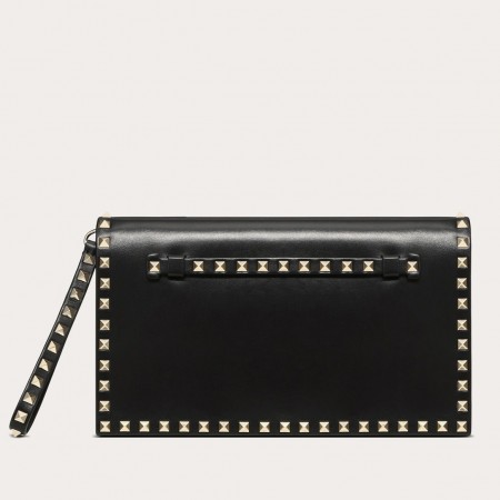 Valentino Rockstud Medium Clutch In Black Calfskin 