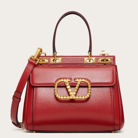 Valentino Rockstud Alcove Medium Top Handle Bag In Red Calfskin