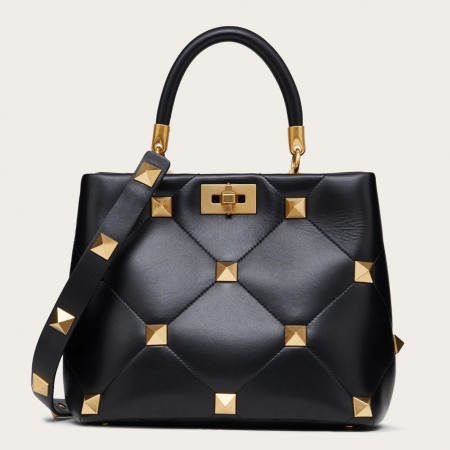 Valentino Roman Stud Top Handle Bag In Black Nappa