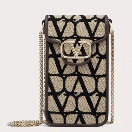 Valentino Loco Phone Case in Black Toile Iconographe with Chain