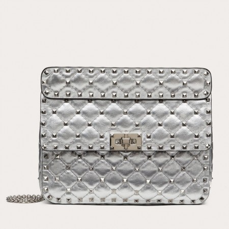 Valentino Rockstud Spike Medium Bag In Silver Metallic Lambskin