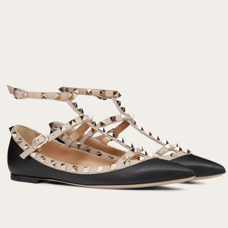 Valentino Cage Rockstud Ballet Flats In Black Calfskin