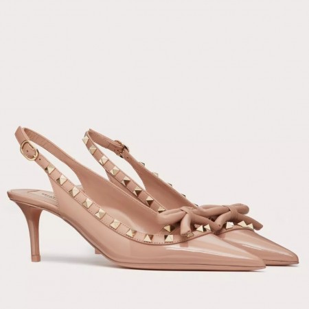 Valentino Rockstud Bow Slingback Pumps 60mm in Beige Patent Leather