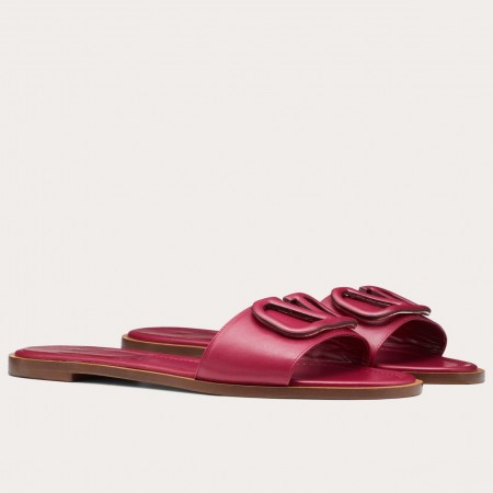 Valentino Vlogo Flat Slide Sandals In Red Calfskin