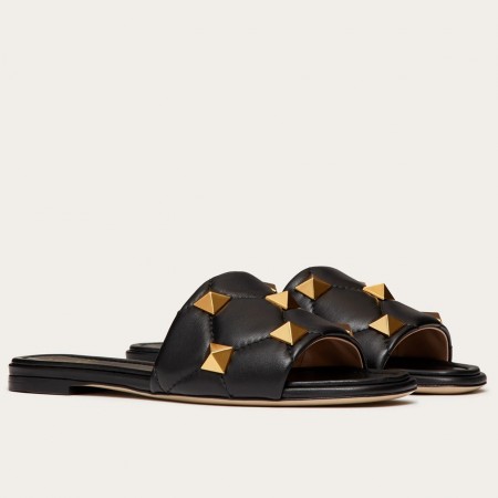 Valentino Roman Stud Slide Sandals In Black Nappa Leather