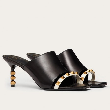 Valentino Black Rockstud Slide Sandals With Sculpted Heel