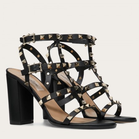 Valentino Rockstud Ankle Strap Sandals 90mm In Black Calfskin