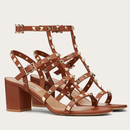 Valentino Rockstud Ankle Strap Sandals 60mm In Brown Calfskin