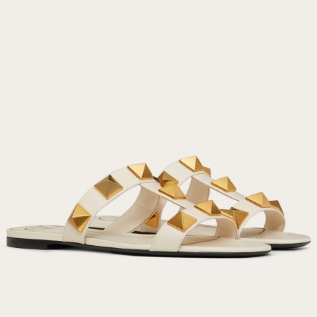 Valentino Roman Stud Flat Slides In White Calfskin