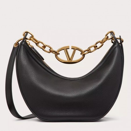 Valentino VLogo Moon Small Hobo Bag with Chain in Black Leather