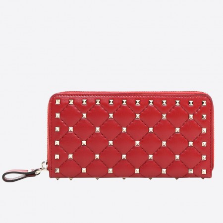 Valentino Rockstud Spike Zip Wallet In Red Lambskin