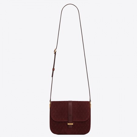 Saint Laurent Monogram All Over Small Satchel In Bordeaux Suede