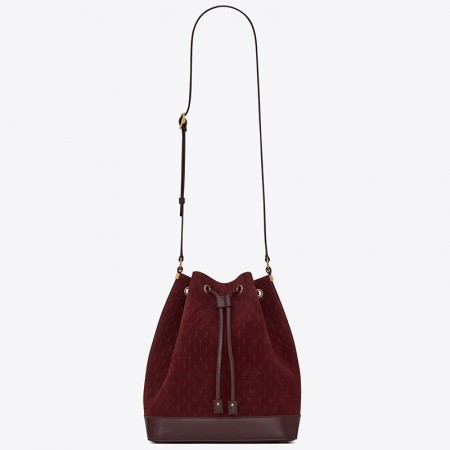 Saint Laurent Monogram All Over Bucket Bag In Bordeaux Suede