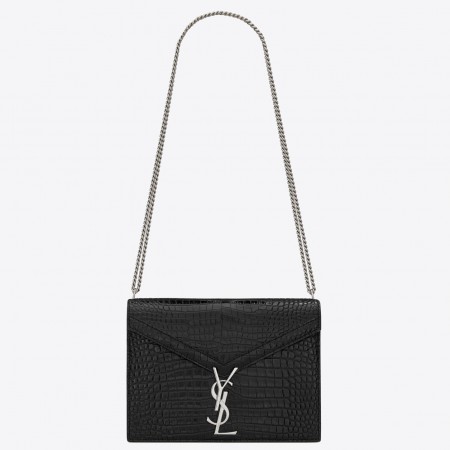 Saint Laurent Cassandra Clasp Bag In Black Croc-Embossed Leather