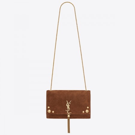 Saint Laurent Medium Kate Tassel Bag In Brown Suede And Studs