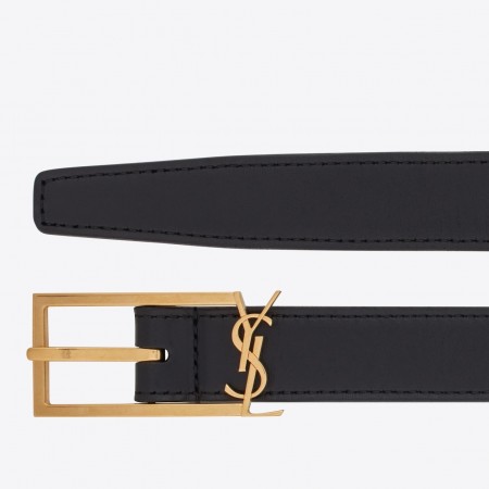 Saint Laurent New Cassandre Buckle Belt 30MM In Black Leather