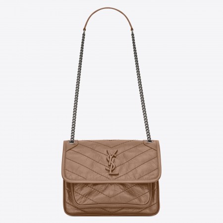 Saint Laurent Baby Niki Chain Bag In Taupe Crinkled Leather