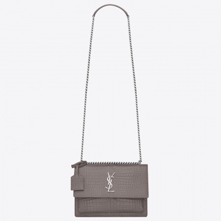 Saint Laurent Sunset Medium Bag In Grey Crocodile Embossed Leather