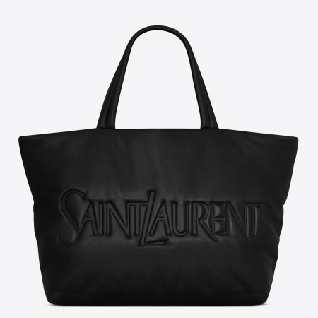 Saint Laurent Wide Puffer Tote Bag in Black Nappa Lambskin