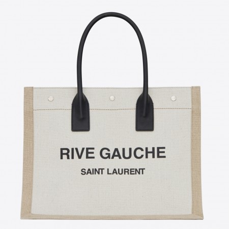 Saint Laurent Rive Gauche Small Tote Bag in White Linen and Leather