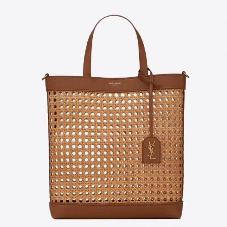 Saint Laurent N/S Toy Shopping Bag In Woven Cane And Leather
