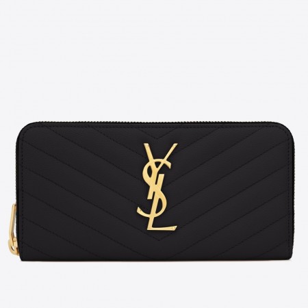 Saint Laurent Monogram Zip Around Wallet In Black Grained Leather