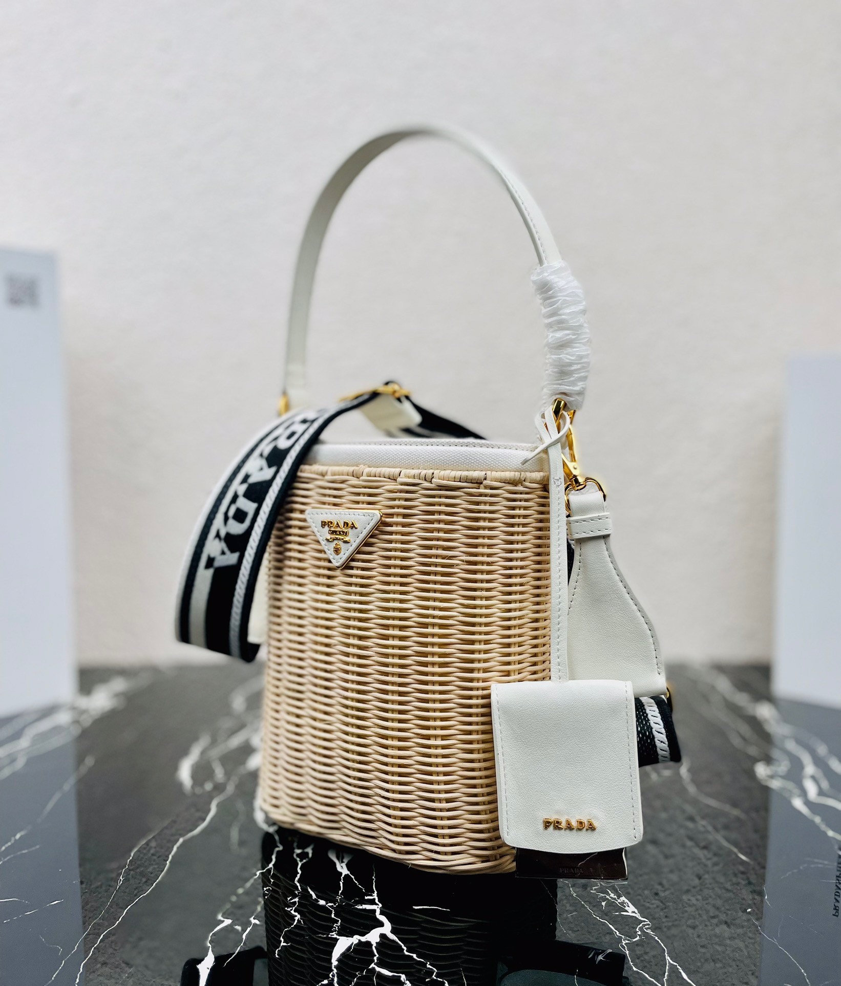 Replica Prada Bucket Bag In Wicker and White Canvas