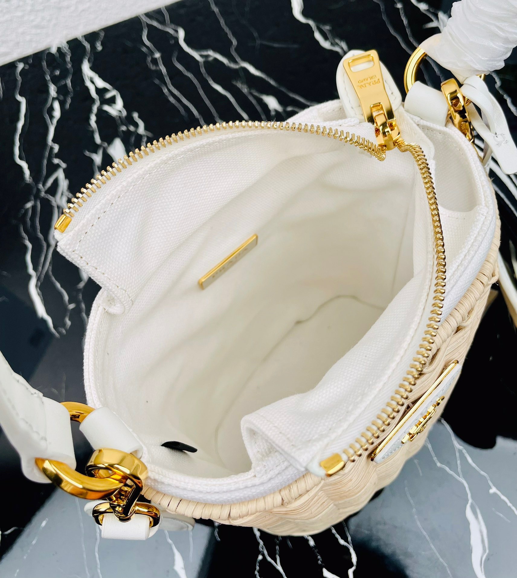Replica Prada Bucket Bag In Wicker and White Canvas
