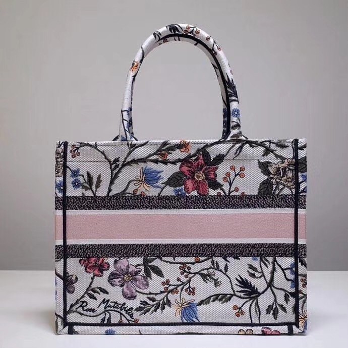 D*or small book tote in multicolor rosa mutabilis embroidery