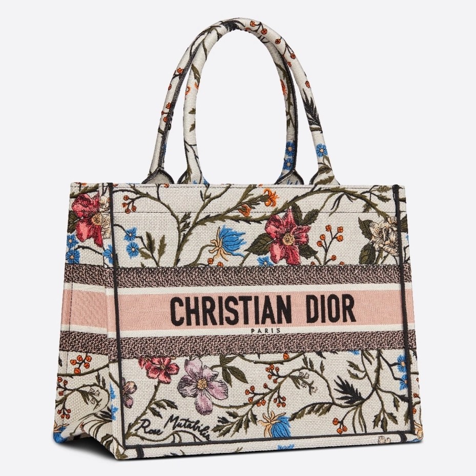 D*or small book tote in multicolor rosa mutabilis embroidery