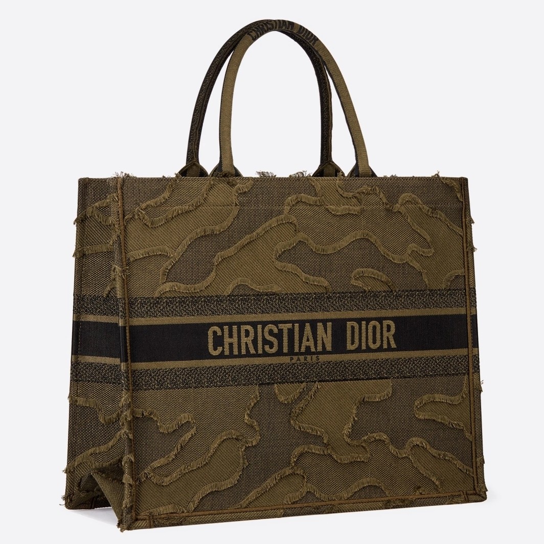 D*or book tote bag in green camouflage embroidered canvas
