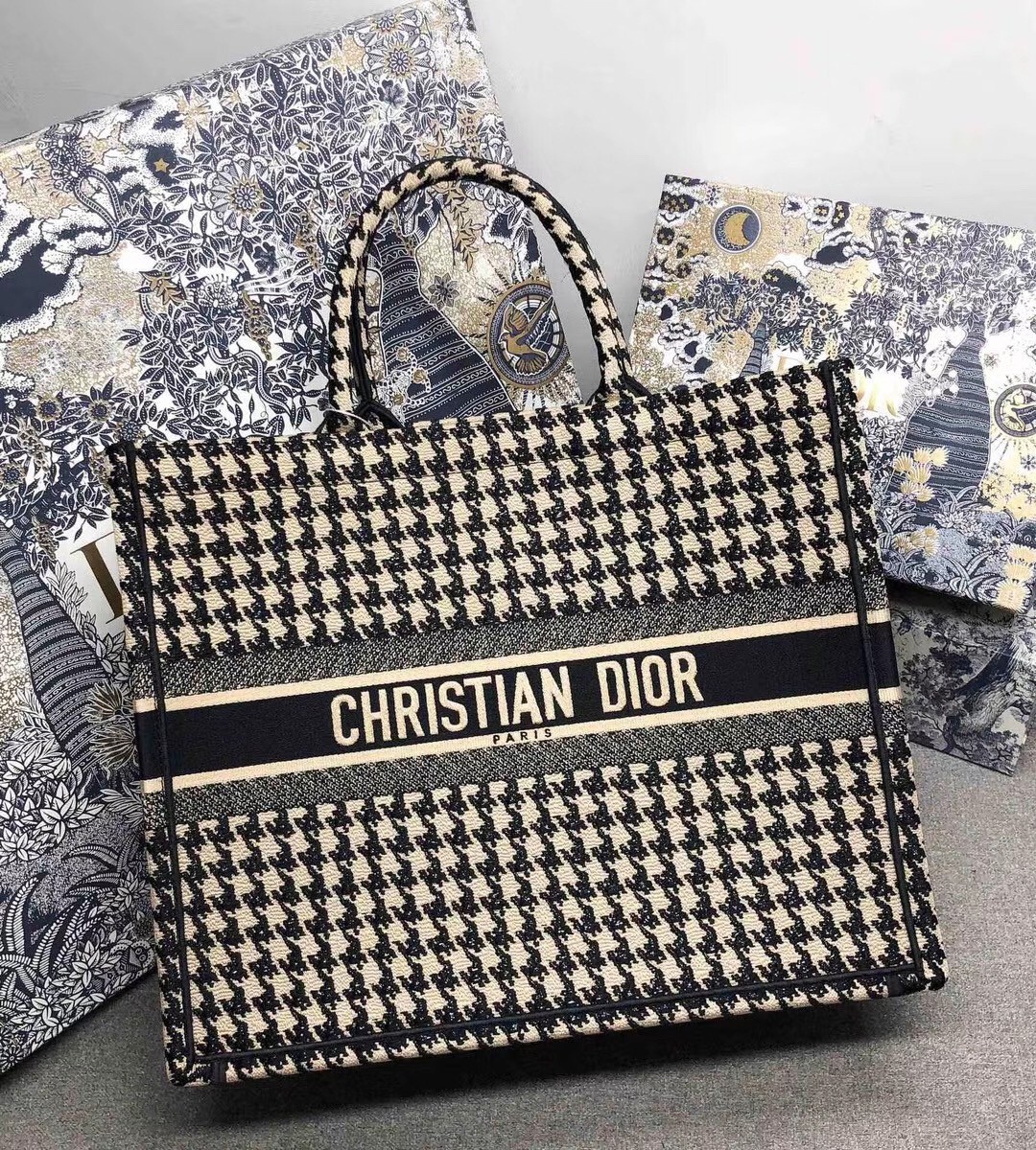 D*or book tote bag in houndstooth embroidery canvas