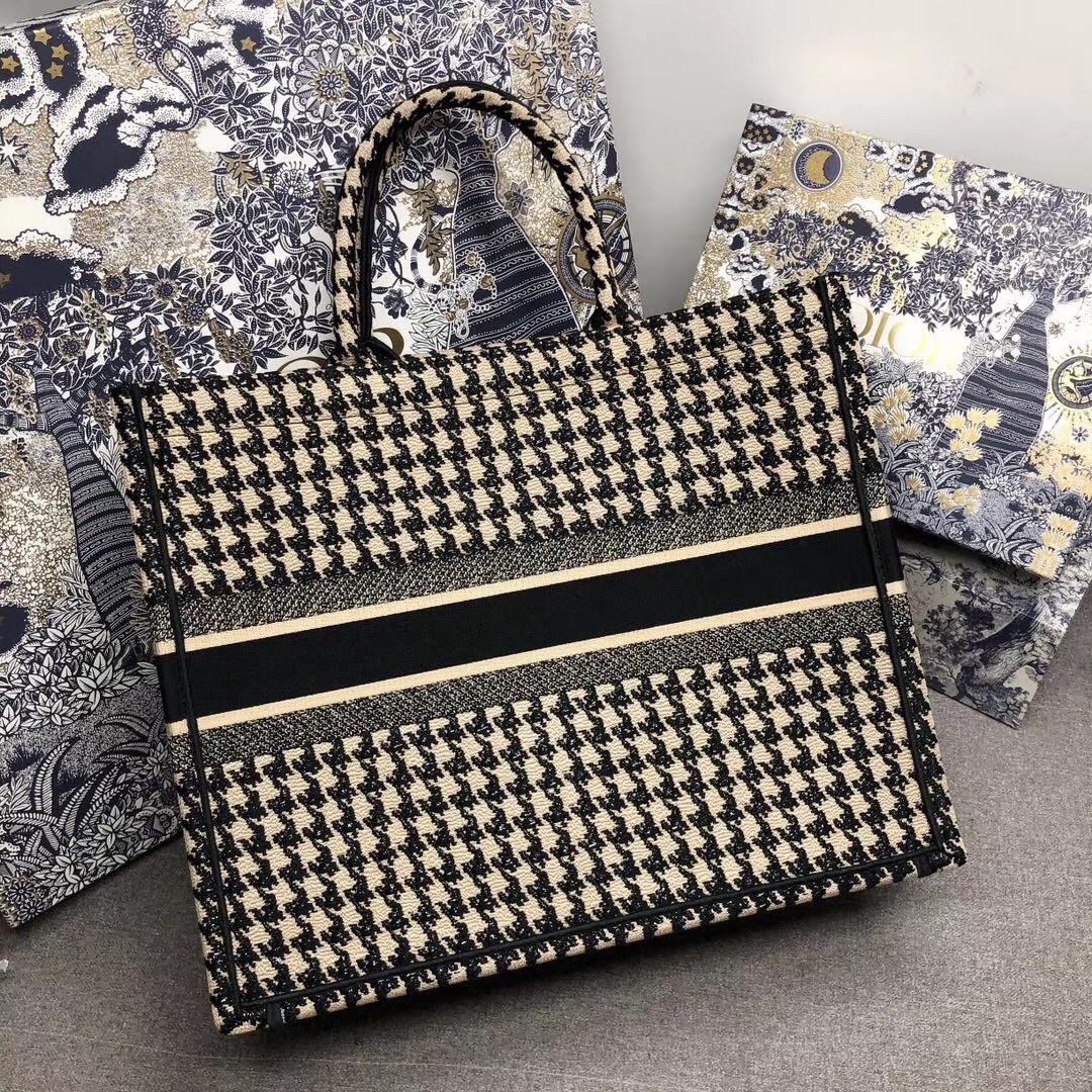 D*or book tote bag in houndstooth embroidery canvas