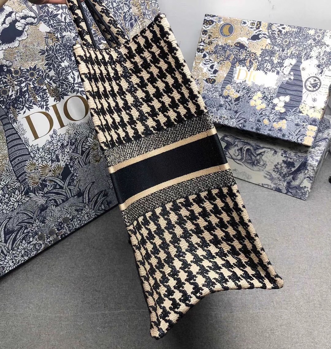 D*or book tote bag in houndstooth embroidery canvas