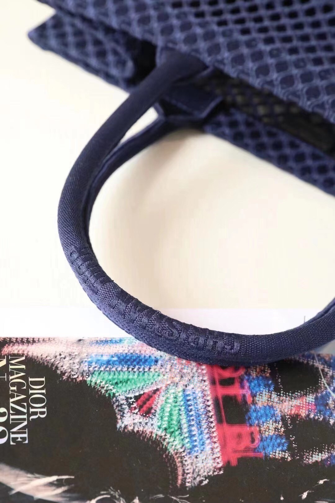 D*or book tote bag in blue mesh embroidery